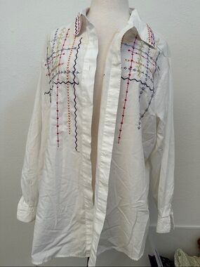 White Embroidered Button-Down Shirt with Southwestern Multicolor Stitch Detail
